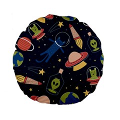 Seamless Pattern With Funny Alien Cat Galaxy Standard 15  Premium Flano Round Cushions