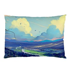 Mountains And Trees Illustration Painting Clouds Sky Landscape Pillow Case by Cendanart