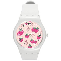 Seamless Strawberry Fruit Pattern Background Round Plastic Sport Watch (m) by Bedest