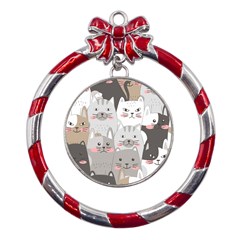 Cute Cats Seamless Pattern Metal Red Ribbon Round Ornament by Bedest