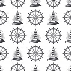 Marine Nautical Seamless Pattern With Vintage Lighthouse Wheel Play Mat (square) by Bedest