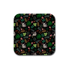 Floral Pattern With Plants Sloth Flowers Black Backdrop Rubber Square Coaster (4 Pack)