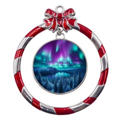 Lake Aurora Borealis Metal Red Ribbon Round Ornament