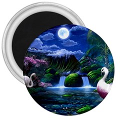 Flamingo Paradise Scenic Bird Fantasy Moon Paradise Waterfall Magical Nature 3  Magnets by Ndabl3x