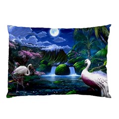 Flamingo Paradise Scenic Bird Fantasy Moon Paradise Waterfall Magical Nature Pillow Case by Ndabl3x