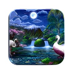 Flamingo Paradise Scenic Bird Fantasy Moon Paradise Waterfall Magical Nature Square Metal Box (black) by Ndabl3x
