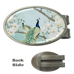 Couple Peacock Bird Spring White Blue Art Magnolia Fantasy Flower Money Clips (oval)  by Ndabl3x