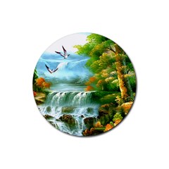 Paradise Forest Painting Bird Deer Waterfalls Rubber Round Coaster (4 Pack) by Ndabl3x