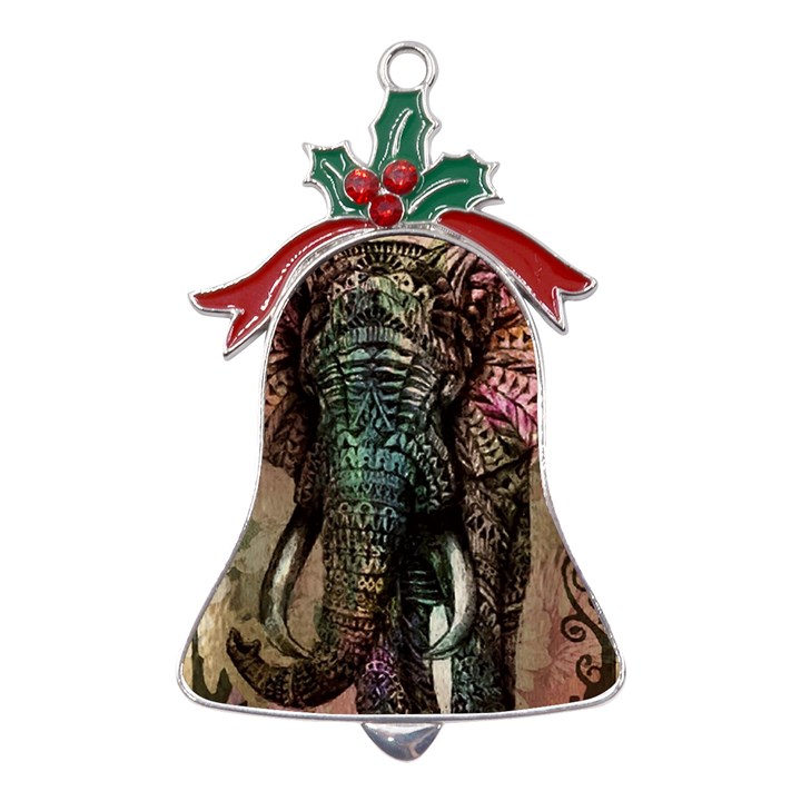 Tribal Elephant Metal Holly Leaf Bell Ornament