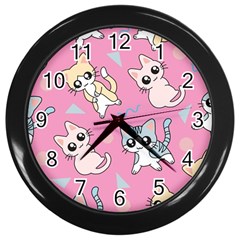 Cute Animal Little Cat Seamless Pattern Wall Clock (black) by Grandong