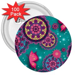 Floral Pattern Abstract Colorful Flow Oriental Spring Summer 3  Buttons (100 Pack) 