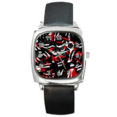 Shape Line Red Black Abstraction Square Metal Watch by Cemarart