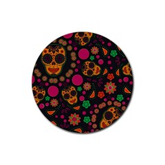 Skull Colorful Floral Flower Head Rubber Round Coaster (4 Pack) by Cemarart
