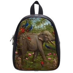 Jungle Of Happiness Painting Peacock Elephant School Bag (small) by Cemarart
