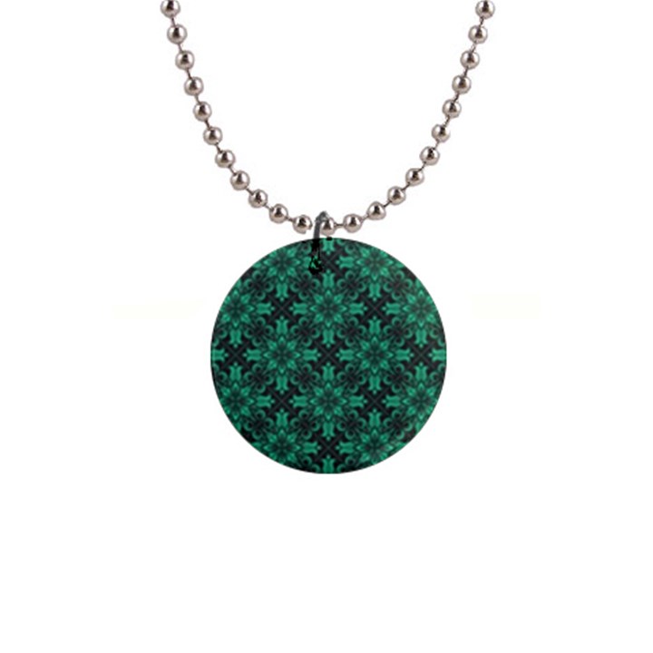 Green Damask Pattern Vintage Floral Pattern, Green Vintage 1  Button Necklace
