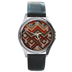 Fabric Abstract Pattern Fabric Textures, Geometric Round Metal Watch by nateshop