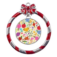 Colorful Flowers Pattern, Abstract Patterns, Floral Patterns Metal Red Ribbon Round Ornament by nateshop