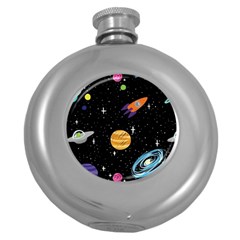 Space Cartoon, Planets, Rockets Round Hip Flask (5 Oz) by nateshop