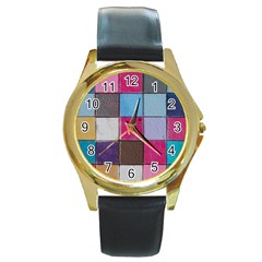Tile, Colorful, Squares, Texture Round Gold Metal Watch by nateshop