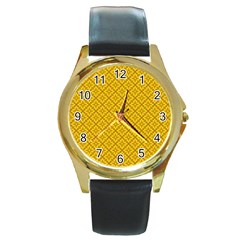 Yellow Floral Pattern Vintage Pattern, Yellow Background, Round Gold Metal Watch by nateshop