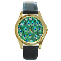 Feather, Bird, Pattern, Peacock, Texture Round Gold Metal Watch by nateshop