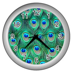 Peacock Feathers, Bonito, Bird, Blue, Colorful, Feathers Wall Clock (silver) by nateshop