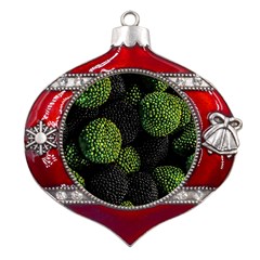 Berry,note, Green, Raspberries Metal Snowflake And Bell Red Ornament by nateshop
