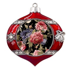 Retro Texture With Flowers, Black Background With Flowers Metal Snowflake And Bell Red Ornament by nateshop