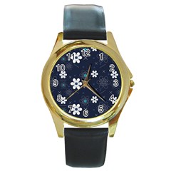 Flowers Pattern , Pattern, Flowers, Texture Round Gold Metal Watch by nateshop