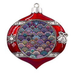Texture, Pattern, Abstract Metal Snowflake And Bell Red Ornament by nateshop