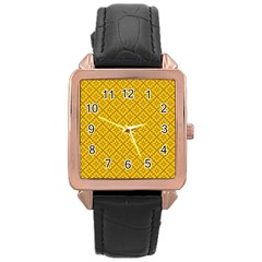 Yellow Floral Pattern Vintage Pattern, Yellow Background Rose Gold Leather Watch  by nateshop