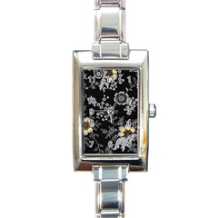 Black Background With Gray Flowers, Floral Black Texture Rectangle Italian Charm Watch by nateshop
