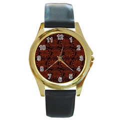 Brown Floral Pattern Floral Greek Ornaments Round Gold Metal Watch