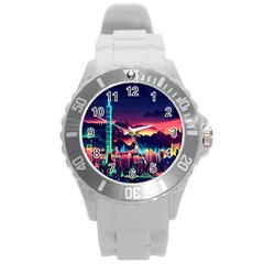 Cityscape Building Painting 3d City Illustration Round Plastic Sport Watch (l)