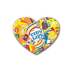 Colorful City Life Horizontal Seamless Pattern Urban City Rubber Heart Coaster (4 Pack)