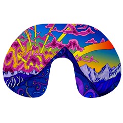 Blue And Purple Mountain Painting Psychedelic Colorful Lines Travel Neck Pillow