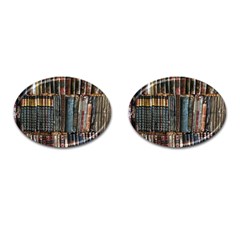 Assorted Title Of Books Piled In The Shelves Assorted Book Lot Inside The Wooden Shelf Cufflinks (oval) by Bedest