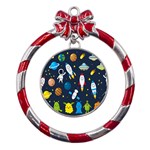 Big Set Cute Astronauts Space Planets Stars Aliens Rockets Ufo Constellations Satellite Moon Rover Metal Red Ribbon Round Ornament Front