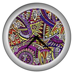 Violet Paisley Background, Paisley Patterns, Floral Patterns Wall Clock (silver) by nateshop