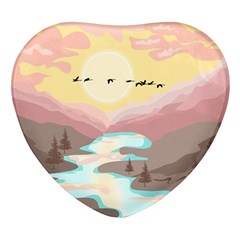 Mountain Birds River Sunset Nature Heart Glass Fridge Magnet (4 Pack) by Cemarart