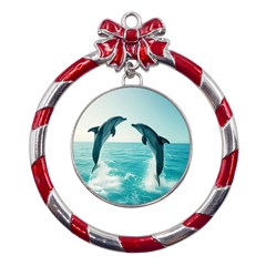 Dolphin Sea Ocean Metal Red Ribbon Round Ornament by Cemarart