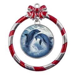 Dolphins Sea Ocean Water Metal Red Ribbon Round Ornament by Cemarart