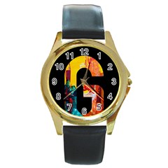 Abstract, Dark Background, Black, Typography,g Round Gold Metal Watch