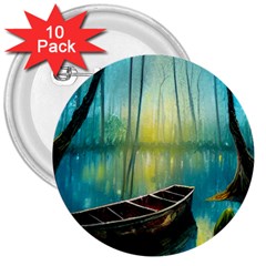 Swamp Bayou Rowboat Sunset Landscape Lake Water Moss Trees Logs Nature Scene Boat Twilight Quiet 3  Buttons (10 Pack)  by Grandong