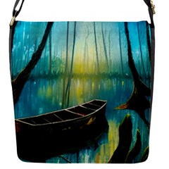 Swamp Bayou Rowboat Sunset Landscape Lake Water Moss Trees Logs Nature Scene Boat Twilight Quiet Flap Closure Messenger Bag (s) by Grandong
