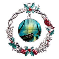 Swamp Bayou Rowboat Sunset Landscape Lake Water Moss Trees Logs Nature Scene Boat Twilight Quiet Metal X mas Wreath Holly Leaf Ornament by Grandong