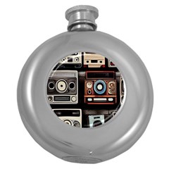 Retro Cameras Old Vintage Antique Technology Wallpaper Retrospective Round Hip Flask (5 Oz) by Grandong