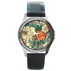 Flowers Pattern Texture Art Colorful Nature Painting Surface Vintage Round Metal Watch by Maspions