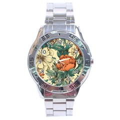 Flowers Pattern Texture Art Colorful Nature Painting Surface Vintage Stainless Steel Analogue Watch