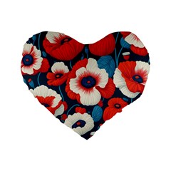 Red Poppies Flowers Art Nature Pattern Standard 16  Premium Flano Heart Shape Cushions by Maspions